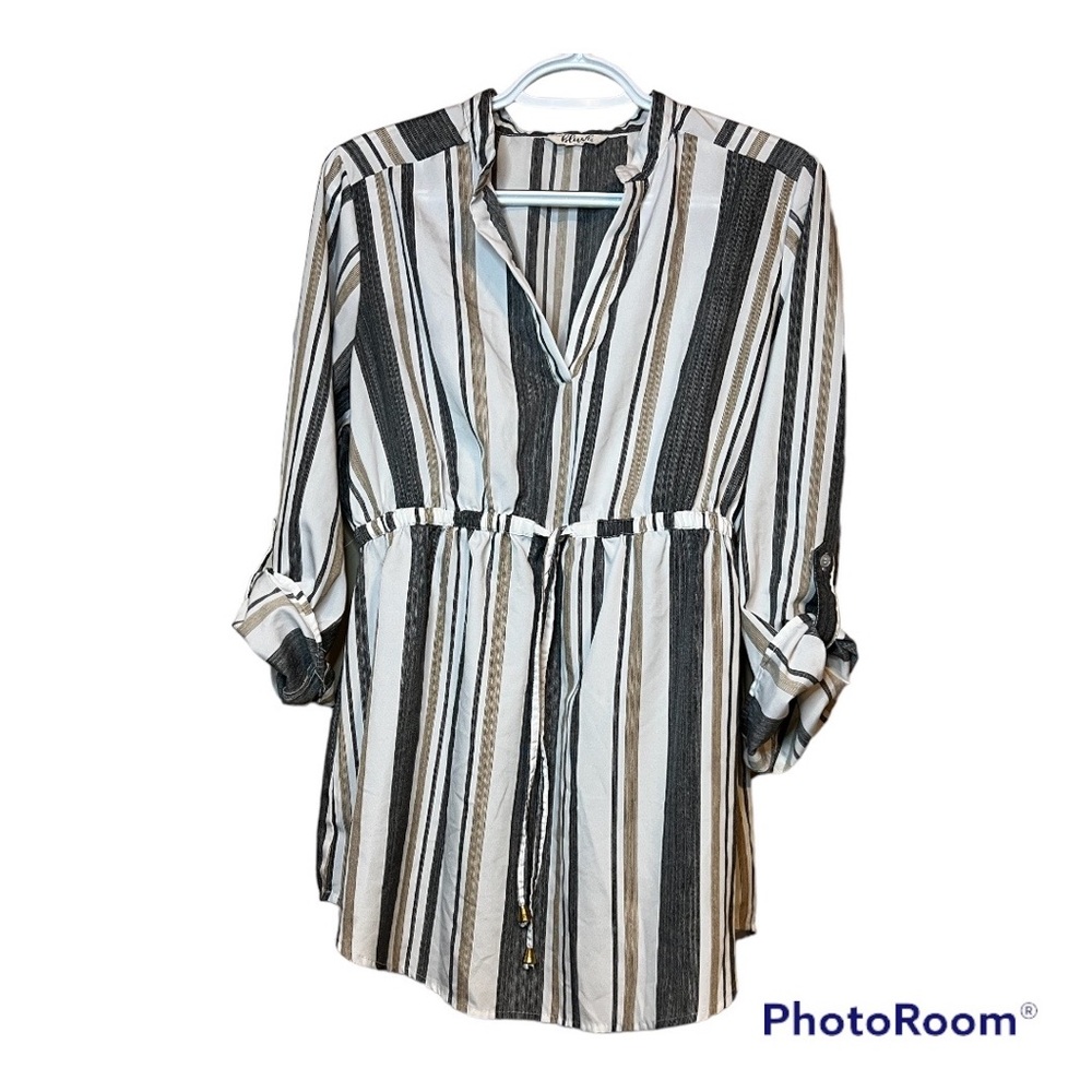 Hint Of Blush Womens Pullover Tunic Blouse Size M Striped High Waist 3/4 Sleeve